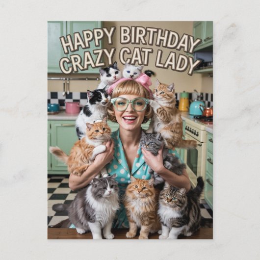 Gelukkige Verjaardag grappige retro Crazy Cat Lady Briefkaart (Voorkant)