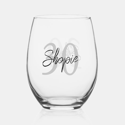 Gelukkige verjaardag grijs en zwart gepersonalisee wijnglas zonder voet (Achterkant)