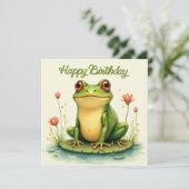 Gelukkige Verjaardag Groene Kikker en Bloemen Kaart (Staand voorkant)