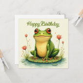 Gelukkige Verjaardag Groene Kikker en Bloemen Kaart (Voorkant / Achterkant in situ)
