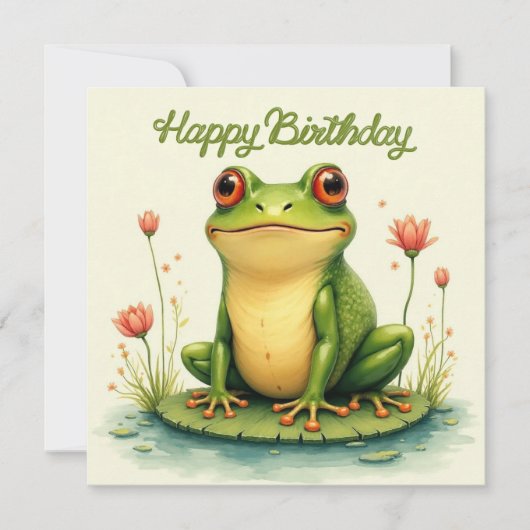 Gelukkige Verjaardag Groene Kikker en Bloemen Kaart (Voorkant)