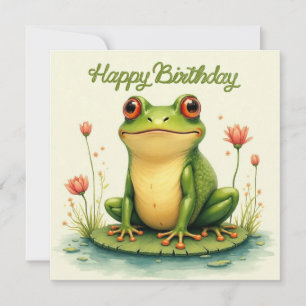 Gelukkige Verjaardag Groene Kikker en Bloemen Kaart
