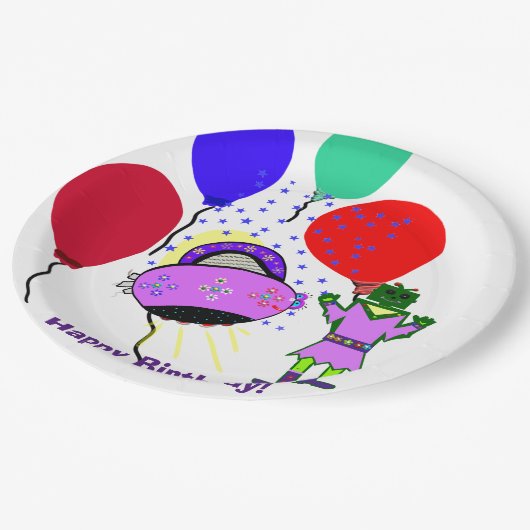 Gelukkige Verjaardag Groene Robot Roze Paarse Ruim Papieren Bordje (Gekanteld)