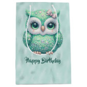 Gelukkige Verjaardag Groene Uil op Groen Medium Cadeauzakje (Voorkant)