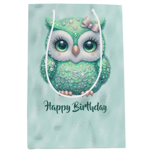 Gelukkige Verjaardag Groene Uil op Groen Medium Cadeauzakje (Voorkant)