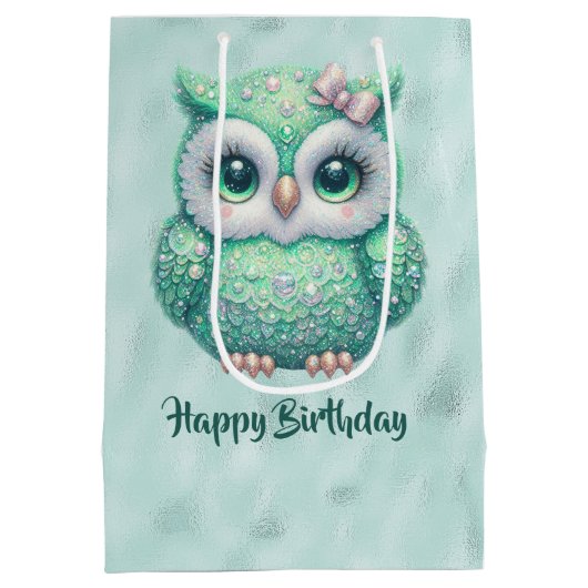Gelukkige Verjaardag Groene Uil op Groen Medium Cadeauzakje (Achterkant)