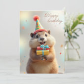 Gelukkige verjaardag groeten van een leuke marmot feestdagenkaart (Staand voorkant)