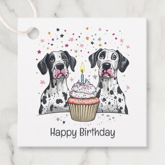 Gelukkige Verjaardag Grote Deen Honden Cupcake Bedankjes Labels (Voorkant)