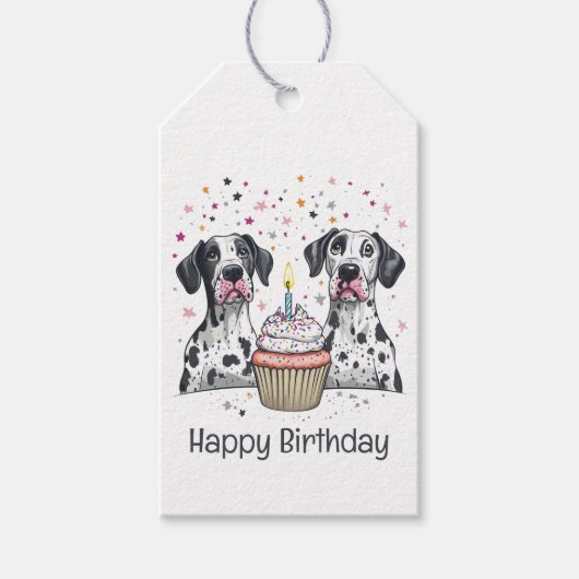Gelukkige Verjaardag Grote Deen Honden Cupcake Cadeaulabel (Voorkant)