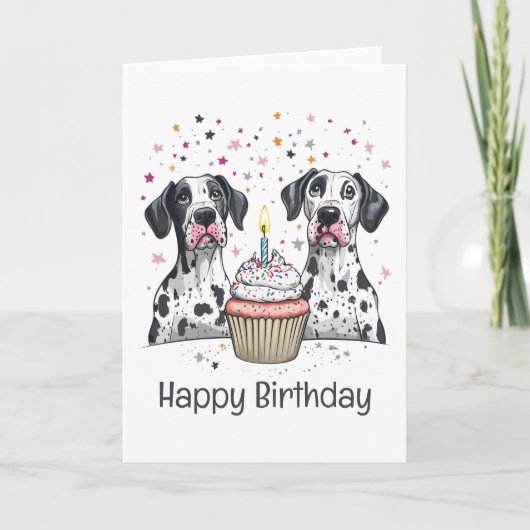 Gelukkige Verjaardag Grote Deen Honden Cupcake Kaart (Voorkant)