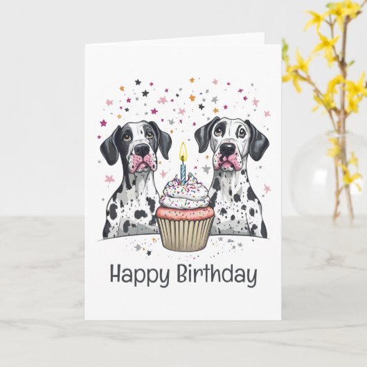 Gelukkige Verjaardag Grote Deen Honden Cupcake Kaart (Gele Bloem)
