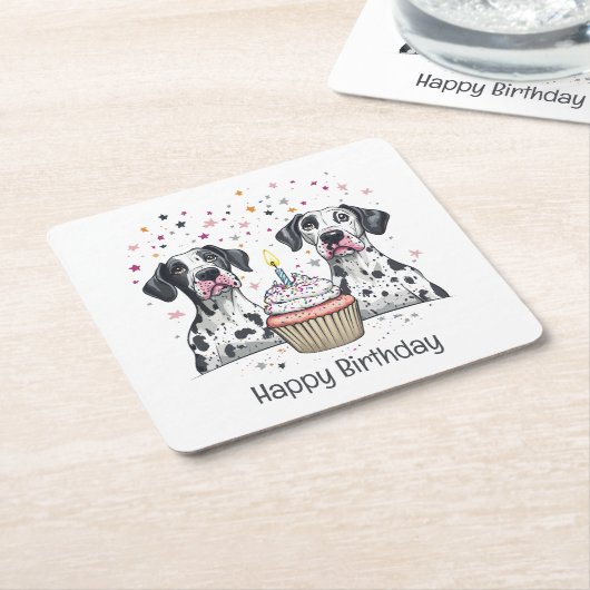 Gelukkige Verjaardag Grote Deen Honden Cupcake Kartonnen Onderzetters (Schuin)
