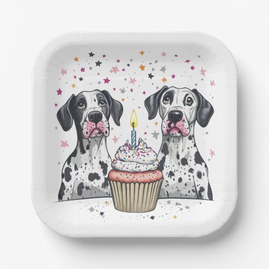 Gelukkige Verjaardag Grote Deen Honden Cupcake Papieren Bordje (Voorkant)