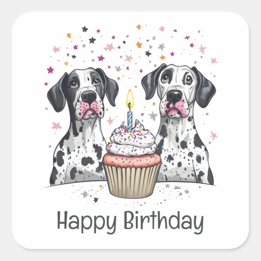 Gelukkige Verjaardag Grote Deen Honden Cupcake Vierkante Sticker (Voorkant)