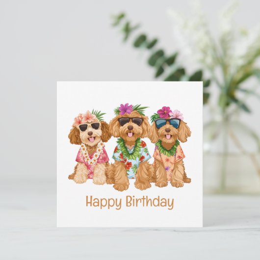 Gelukkige Verjaardag Hawaiian Goldendoodle Honden Kaart (Staand voorkant)