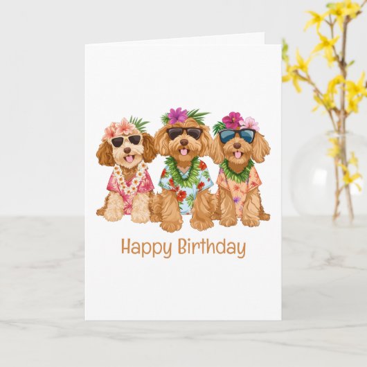 Gelukkige Verjaardag Hawaiian Goldendoodle Honden Kaart (Gele Bloem)