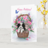 Gelukkige verjaardag, hond en kat in de bloemenman kaart (Gele Bloem)