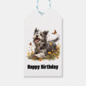 Gelukkige Verjaardag Hond Hardlopen In Herfst Bloe Cadeaulabel (Voorkant)