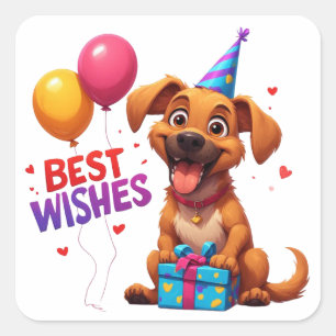 🐶 Gelukkige Verjaardag Hond Met Cadeau Ballonnen Vierkante Sticker