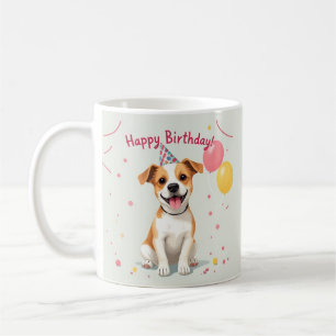 Gelukkige verjaardag hond met feesthoed & ballonne koffiemok