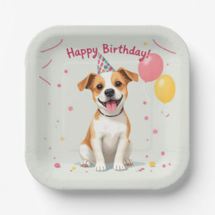 Gelukkige verjaardag hond met feesthoed & ballonne papieren bordje