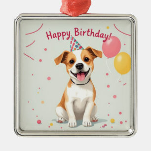 Gelukkige verjaardag hond met feesthoed en ballonn metalen ornament
