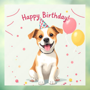 Gelukkige verjaardag hond met feesthoed en ballonn raamsticker