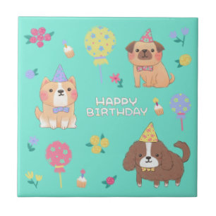 Gelukkige Verjaardag: Honden, Ballonnen & Bloemen Tegeltje