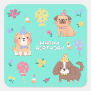Gelukkige Verjaardag: Honden, Ballonnen & Bloemen Vierkante Sticker