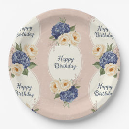 Gelukkige verjaardag, hortensia's en pioenen papieren bordje