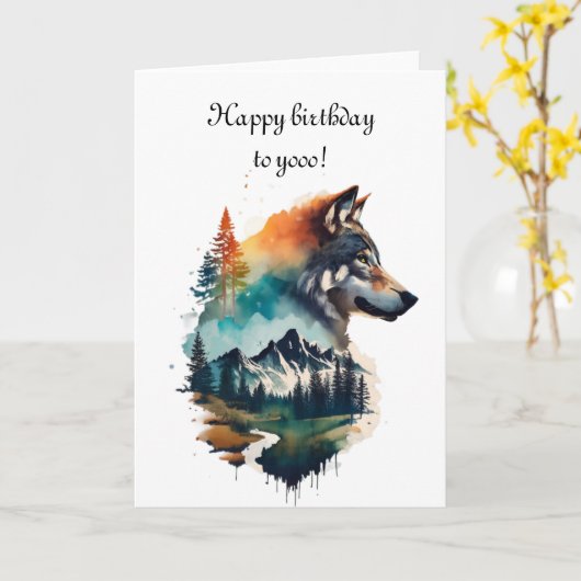 Gelukkige verjaardag, huilende wolf waterverf kaar kaart (Gele Bloem)