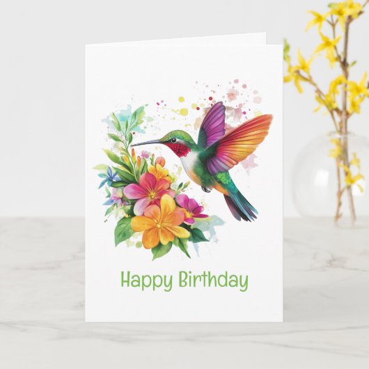 Gelukkige Verjaardag Hummingbird Tropical Flowers Kaart (Gele Bloem)