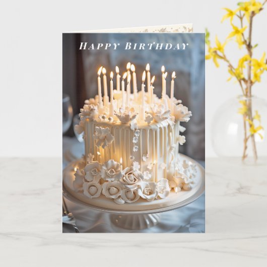 Gelukkige verjaardag Ivoor Cake Kaarsen Rozen Kaart (Gele Bloem)