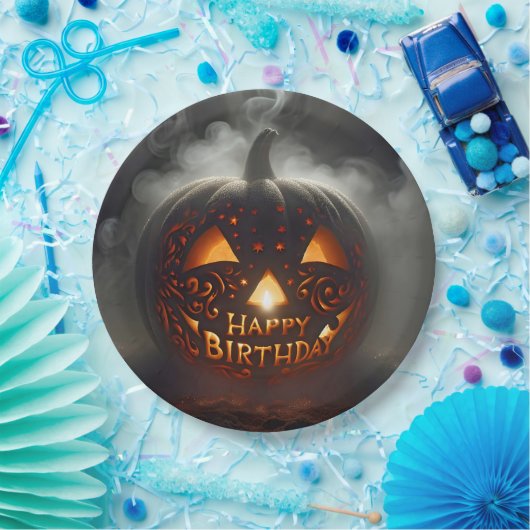 Gelukkige verjaardag Jack-o-lantern in rook opgega Papieren Bordje (Feest)