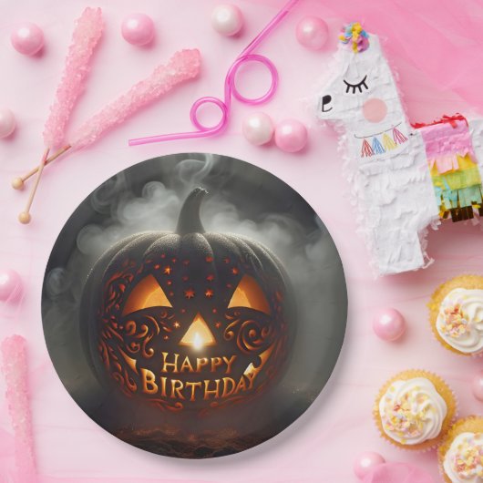 Gelukkige verjaardag Jack-o-lantern in rook opgega Papieren Bordje (Feest)