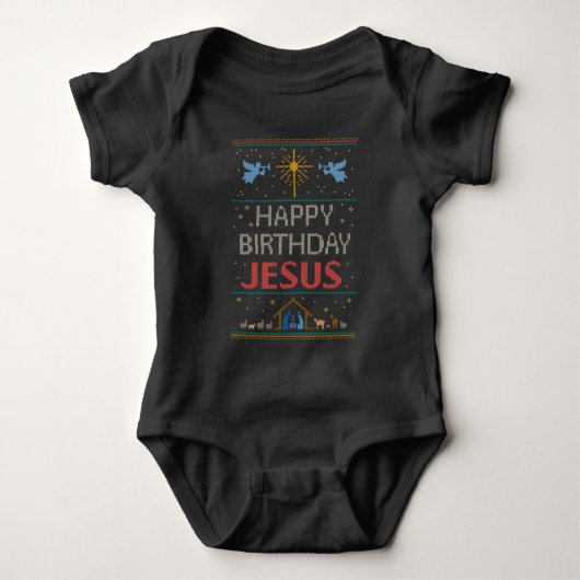 Gelukkige Verjaardag Jesus Ugly Chrismas Sweater Romper (Voorkant)