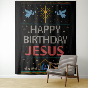 Gelukkige verjaardag Jezus Kersttrui Christen Wandkleed