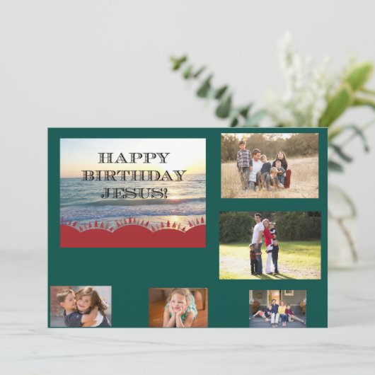 Gelukkige Verjaardag Jezus Rode Kerstbomen 5 foto' Feestdagenkaart (Staand voorkant)