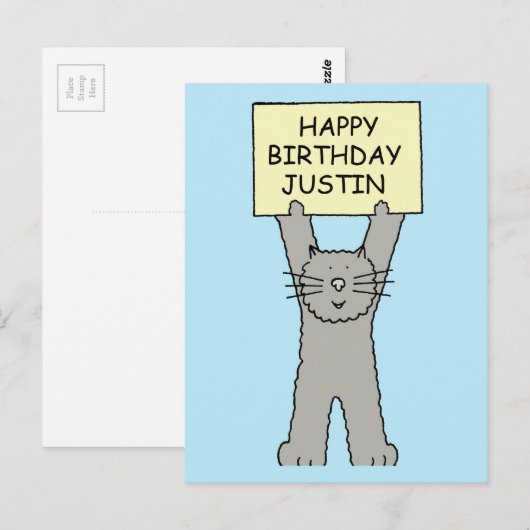 Gelukkige verjaardag Justin Cartoon Cat Briefkaart (Voorkant / Achterkant)
