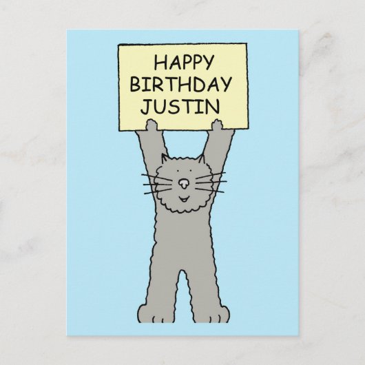 Gelukkige verjaardag Justin Cartoon Cat Briefkaart (Voorkant)