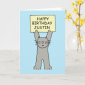 Gelukkige Verjaardag Justin, de Kat van de Cartoon Kaart (Gele Bloem)