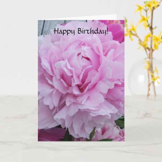 Gelukkige Verjaardag Kaart Roze Pioenen / Pioenblo (Gele Bloem)