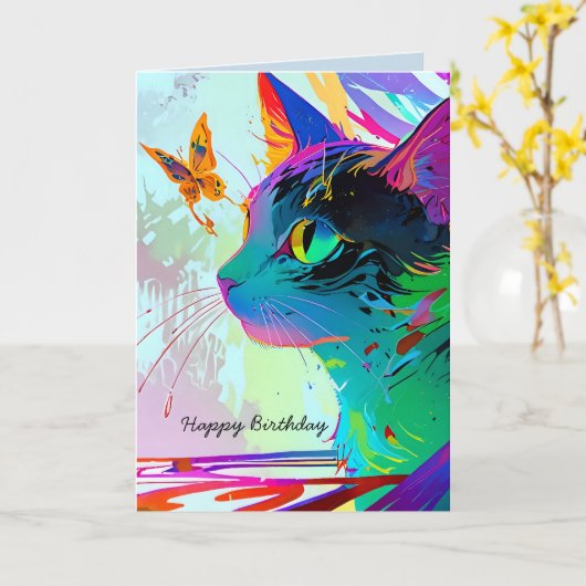 Gelukkige verjaardag kat en vlinder aanpasbaar kaart (Gele Bloem)