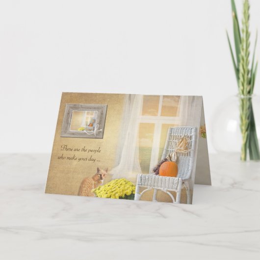 Gelukkige verjaardag-kat met herfst pompoen en raa kaart (Voorkant)