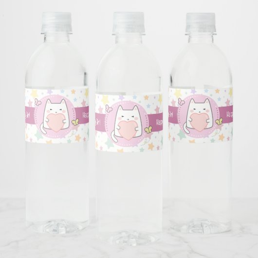 Gelukkige Verjaardag Kawaii Kat met een liefde Har Waterfles Etiket (Flessen)