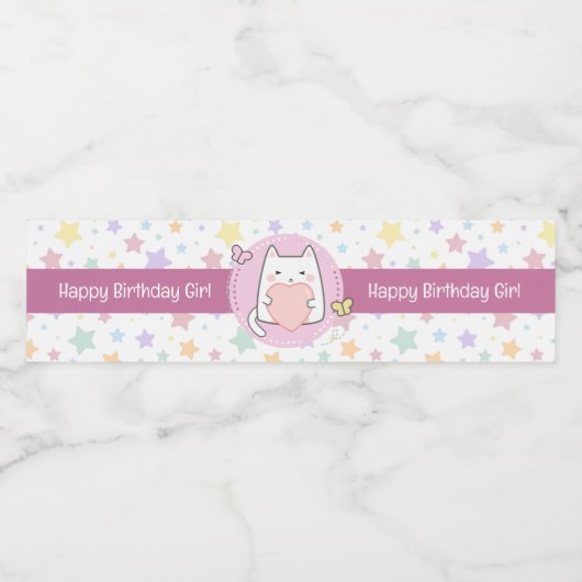 Gelukkige Verjaardag Kawaii Kat met een liefde Har Waterfles Etiket (Enkel label)