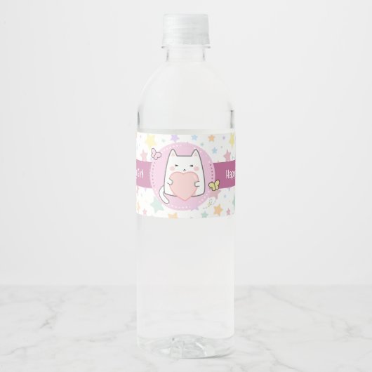 Gelukkige Verjaardag Kawaii Kat met een liefde Har Waterfles Etiket (Voorkant)