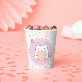 Gelukkige verjaardag Kawaii Kat met een liefdeshar Papieren Bekers