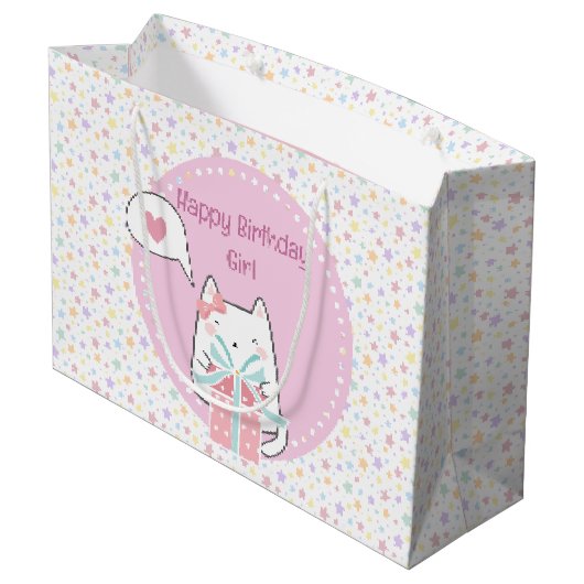 Gelukkige Verjaardag Kawaii Kat met Geschenkdoos Groot Cadeauzakje (Achterkant Gekanteld)