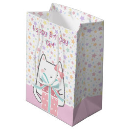 Gelukkige Verjaardag Kawaii Kat met Geschenkdoos Medium Cadeauzakje